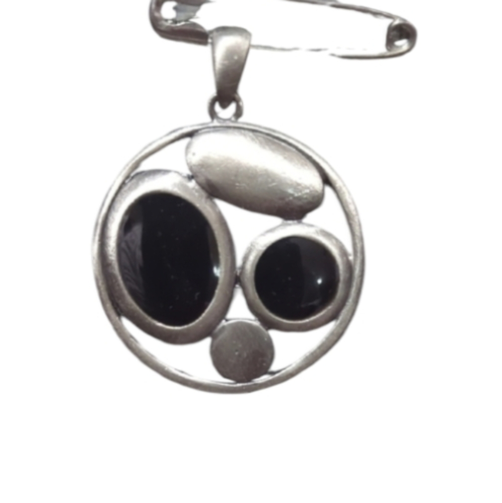 Silver & Black Stone Circle Pendant  Modern Minimalist Statement Charm